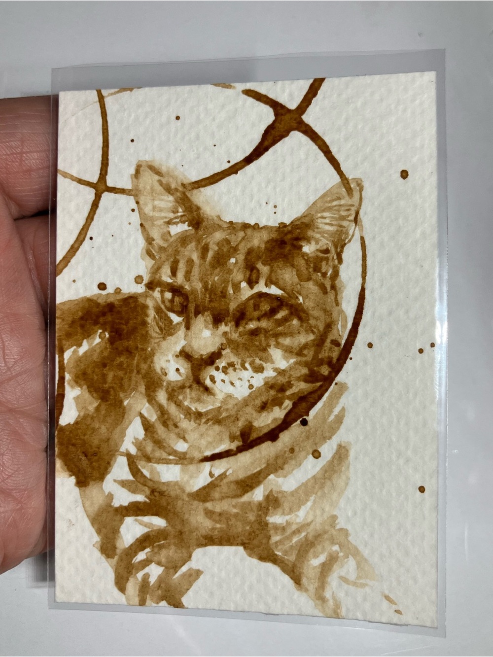 Aceo original cat coffee painting kitten arc Java gift or treat yourself USA